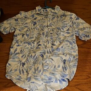 Blue and White Leaf Print Mens Shirt- Family Matching